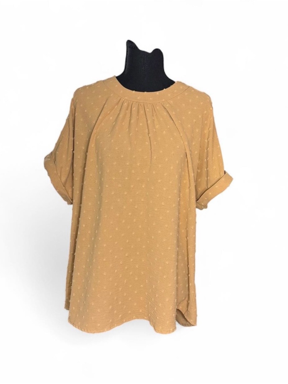 Women's XL Tan Swiss Dot Pleated Short Sleeve Blouse Boho Keyhole Back Top